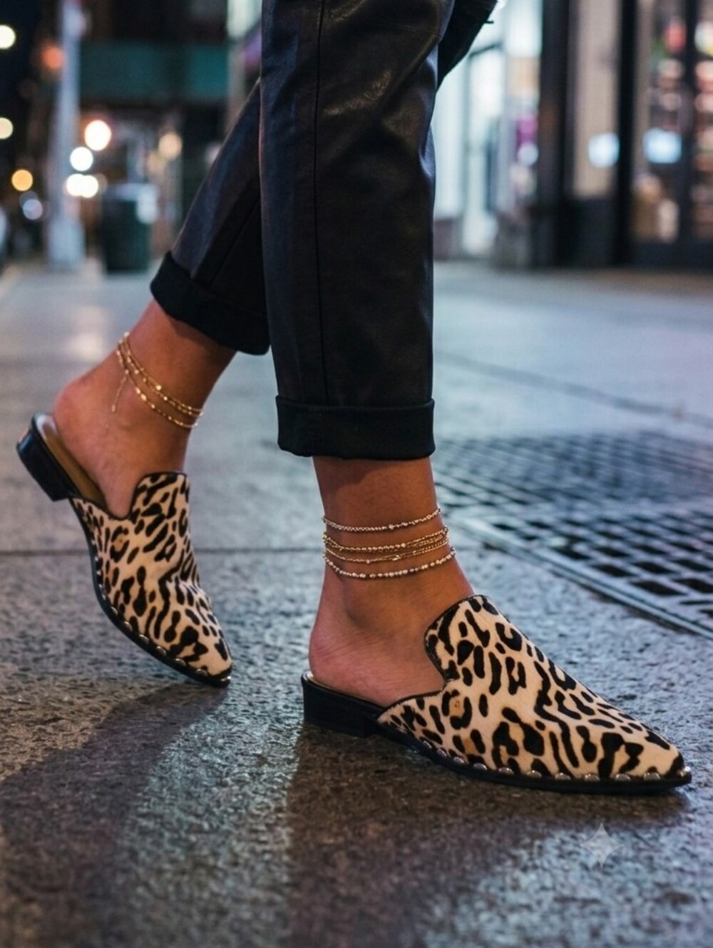Bleecker & Bond 9M Modern Contemporary Mobwife Leopard Leather Pointed Toe Mules